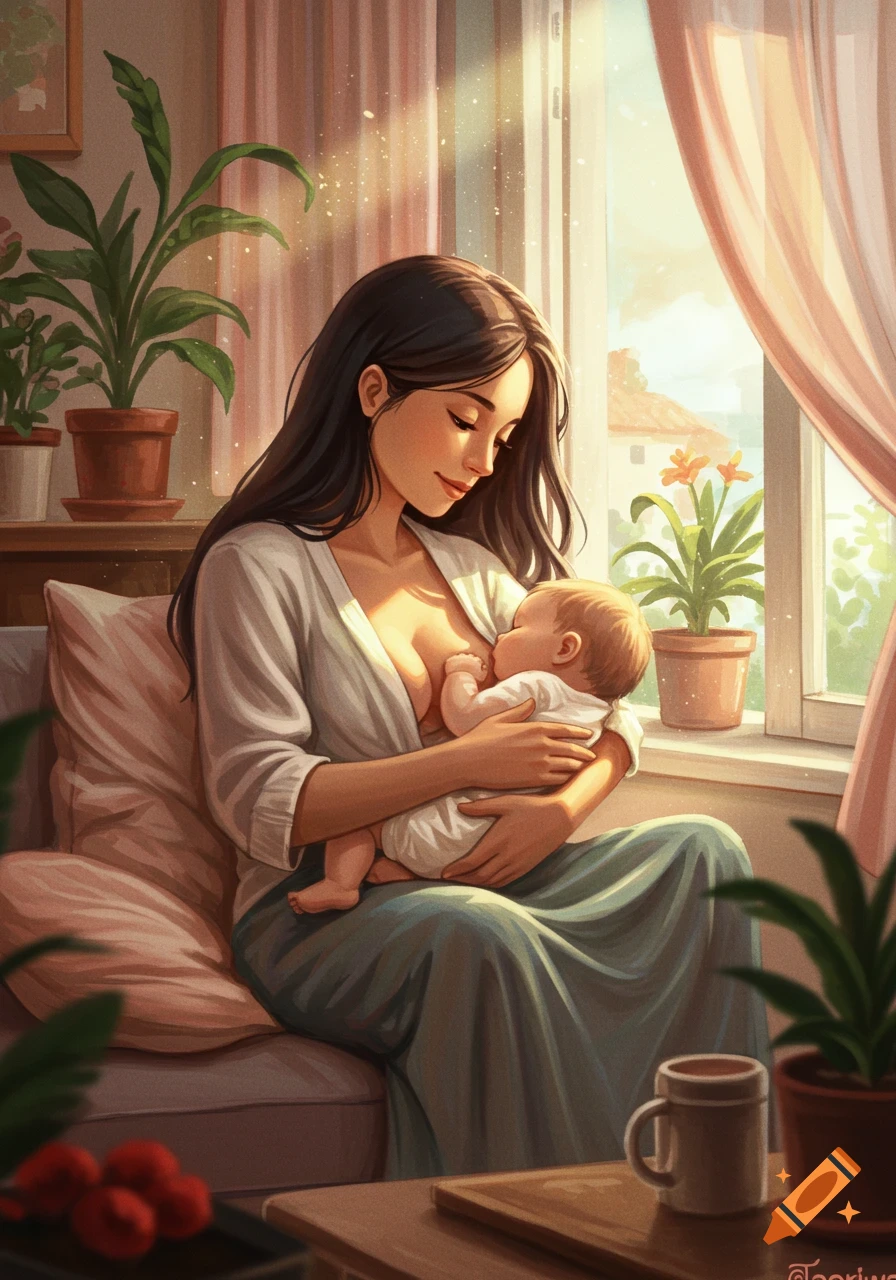 Illustrated mother breastfeeding her baby in a sunlit room with potted plants, showing love and tenderness.