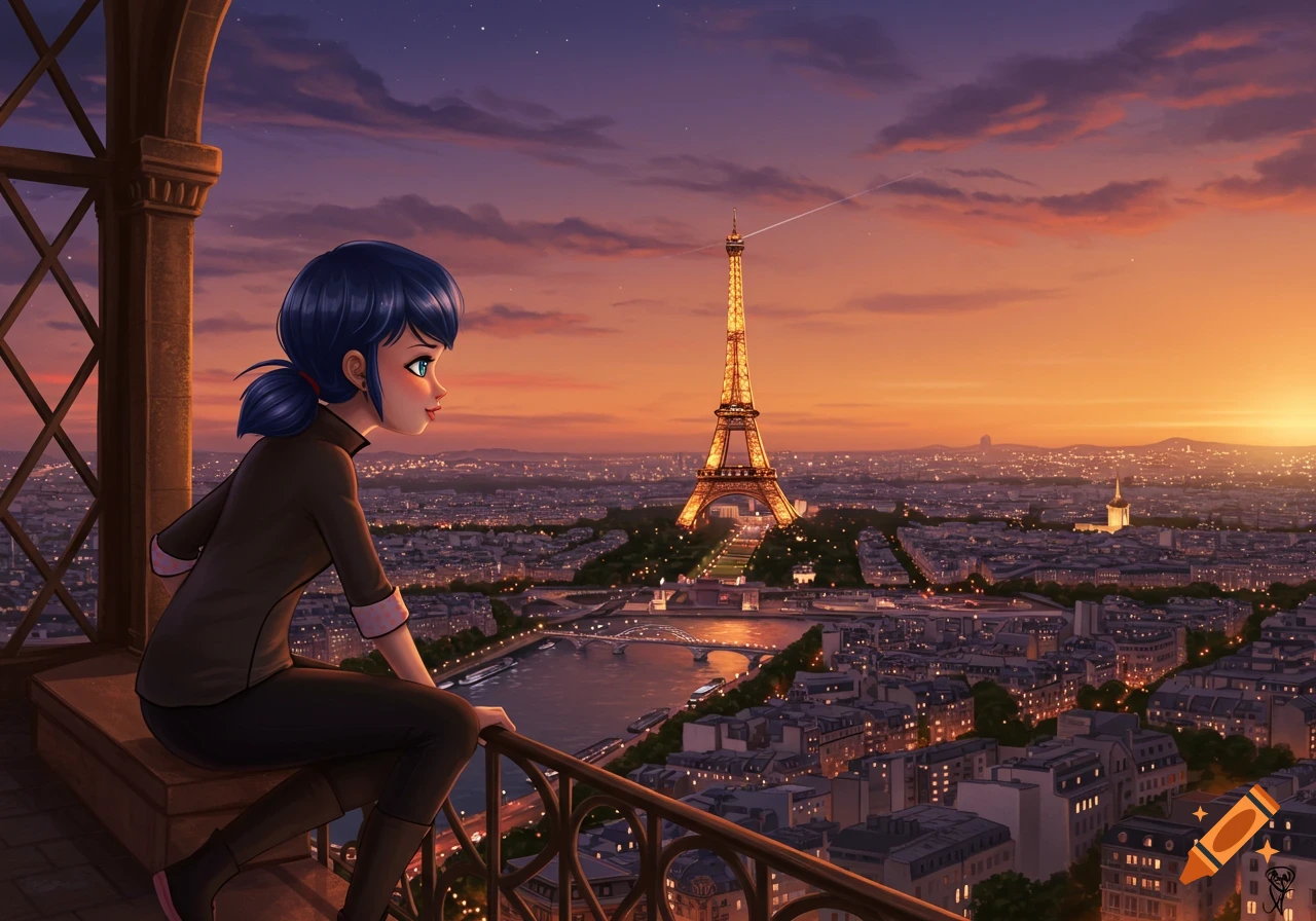 Anime girl Marinette sits on a balcony overlooking the Paris cityscape and Eiffel Tower at sunset, in an anime style.