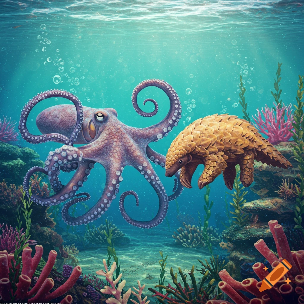 An illustration of a purple octopus and a brown pangolin swimming together in a vibrant coral reef.