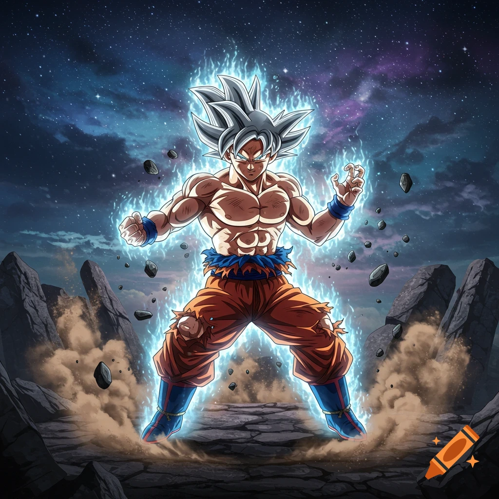 Anime character Goku in Ultra Instinct form, glowing with a blue aura on a rocky battlefield under a starry sky.