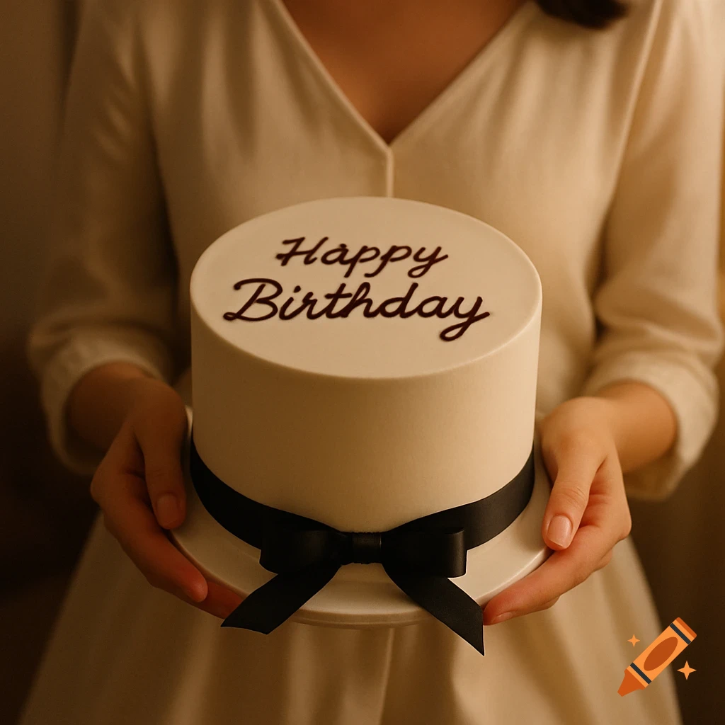 A person holds a white birthday cake with 'Happy Birthday' written on top and a black ribbon around its base. Photorealistic.