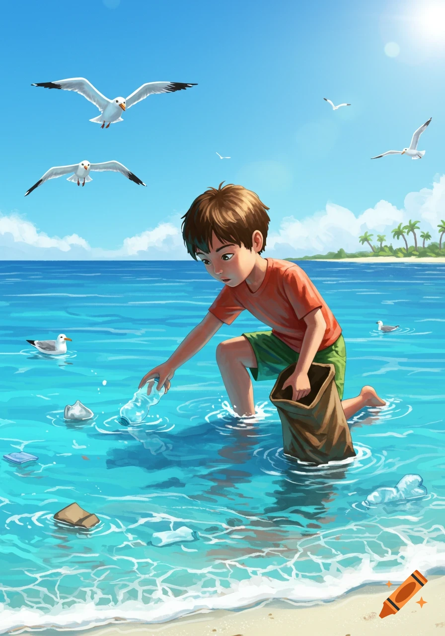 A cartoon boy in the ocean picks up a plastic bottle, surrounded by more floating trash and flying seagulls on a sunny day.