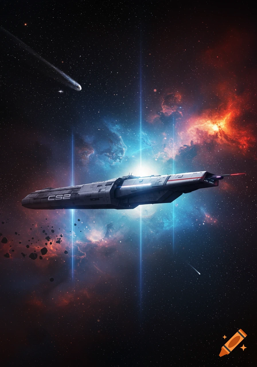 A sleek grey spaceship with "CS2" visible on its hull flies through a vibrant blue and red nebula in deep space, with stars and a distant comet.