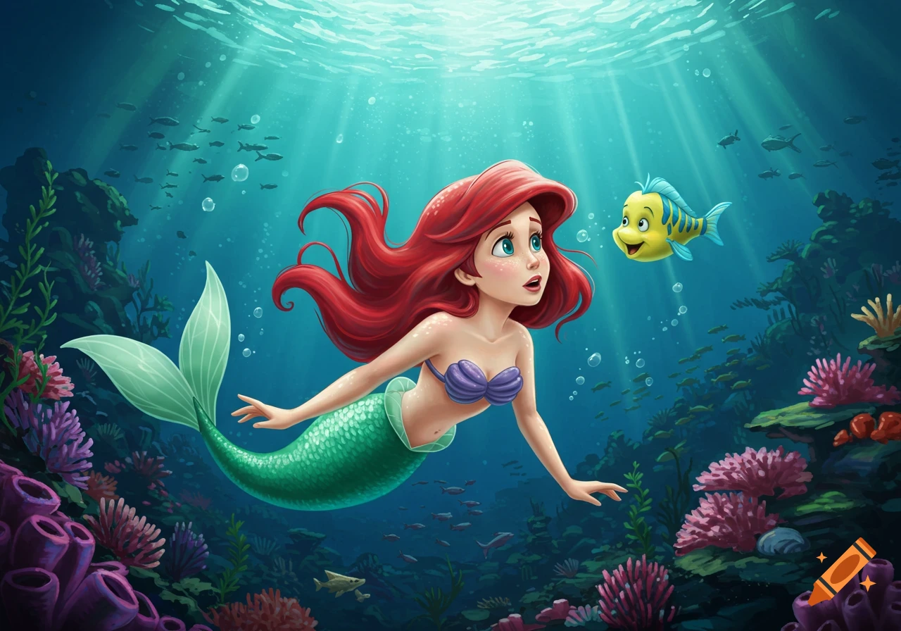 Ariel the Little Mermaid with Flounder swimming in a vibrant cartoon underwater scene with coral and fish.
