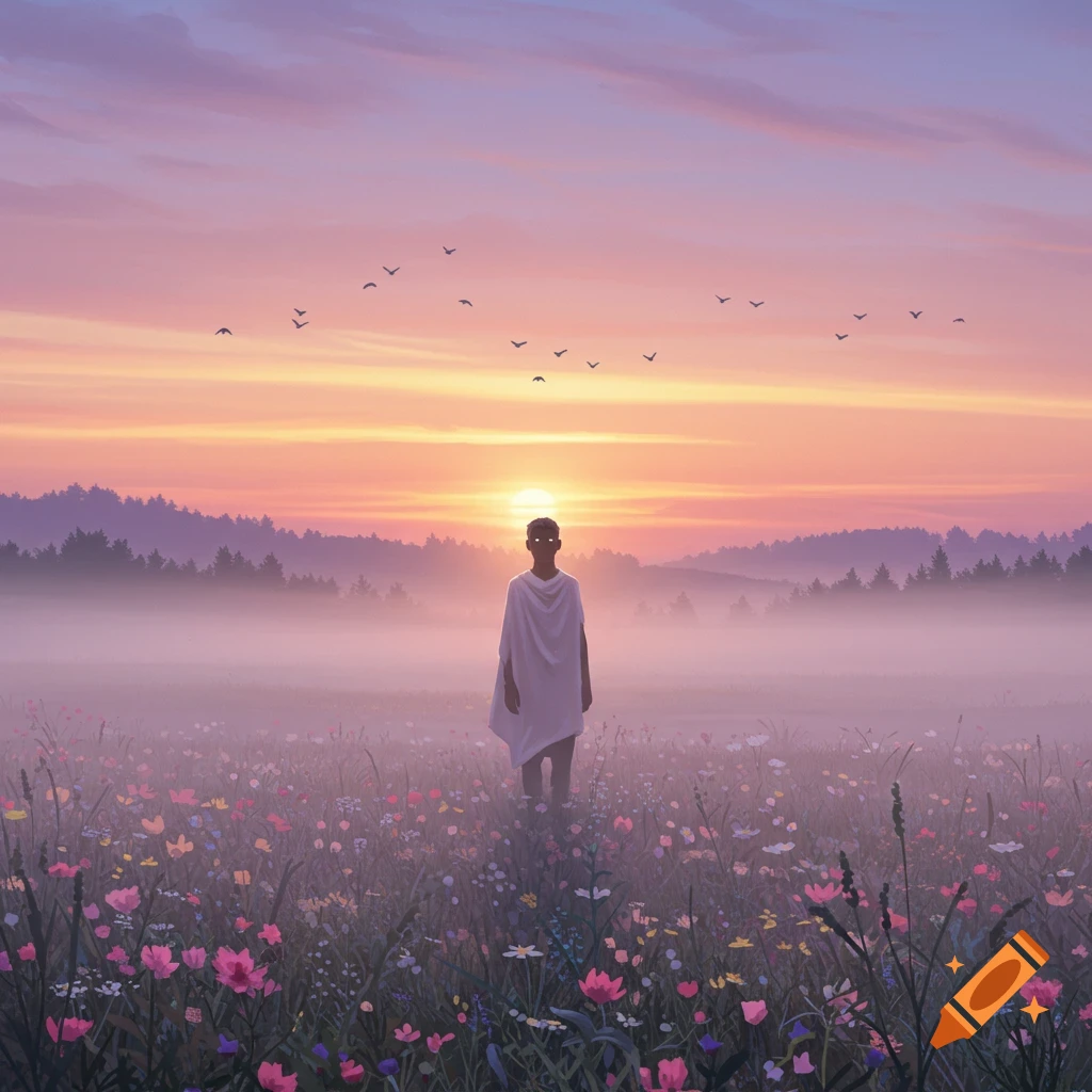 A figure with glowing eyes stands in a misty field of wildflowers at sunset with birds flying.