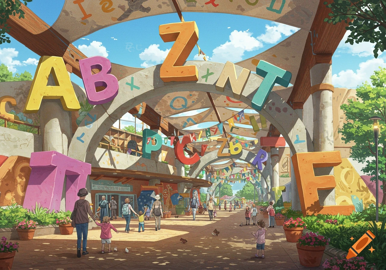 Vibrant cartoon illustration of a zoo entrance with large alphabet letters, families, and children walking through.