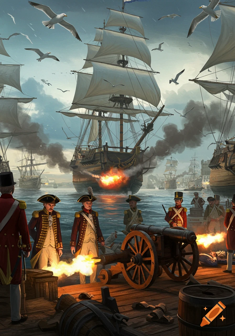 Detailed illustration of an 18th-century naval battle. Soldiers on a pier fire cannons as sailing warships engage on a stormy sea.