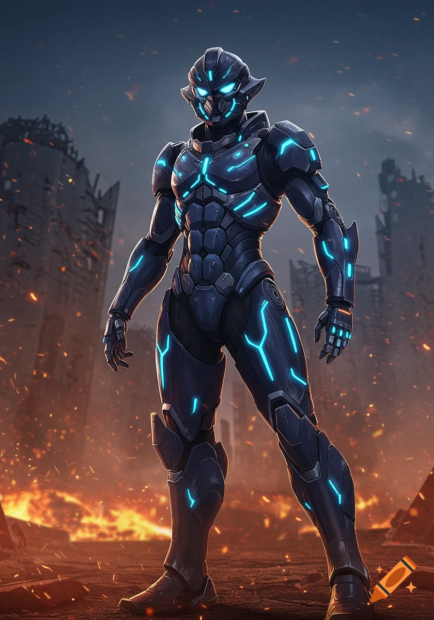 A futuristic armored character with glowing blue lights stands in a destroyed city engulfed in fire and embers.