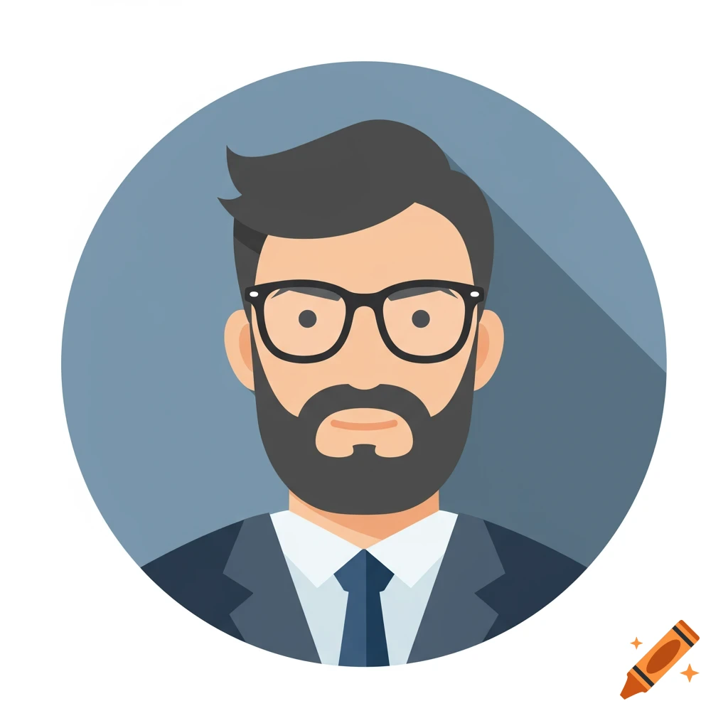 Flat design user icon of a man with a beard, glasses, and dark hair, wearing a suit and tie.