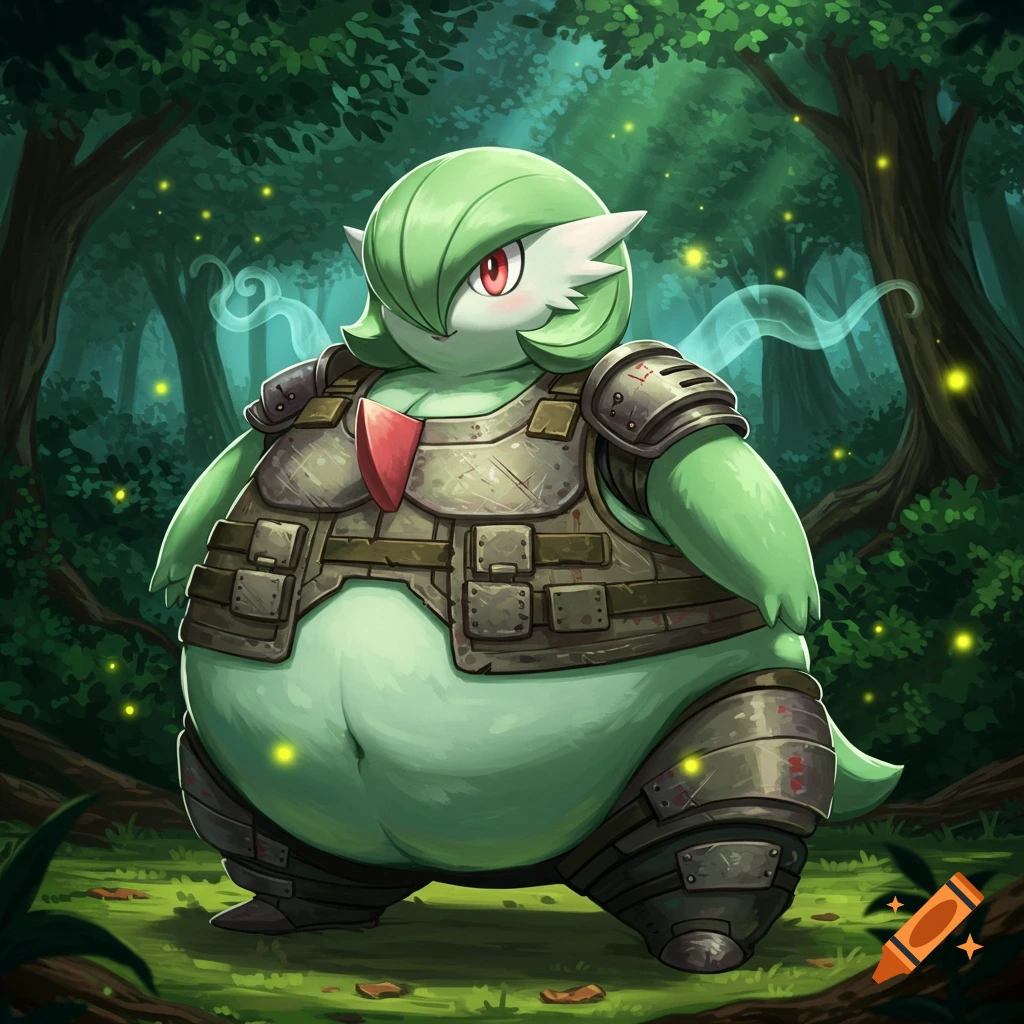 A fat, pudgy Gardevoir Pok E9mon wearing an assault vest stands in a dark, glowing forest.