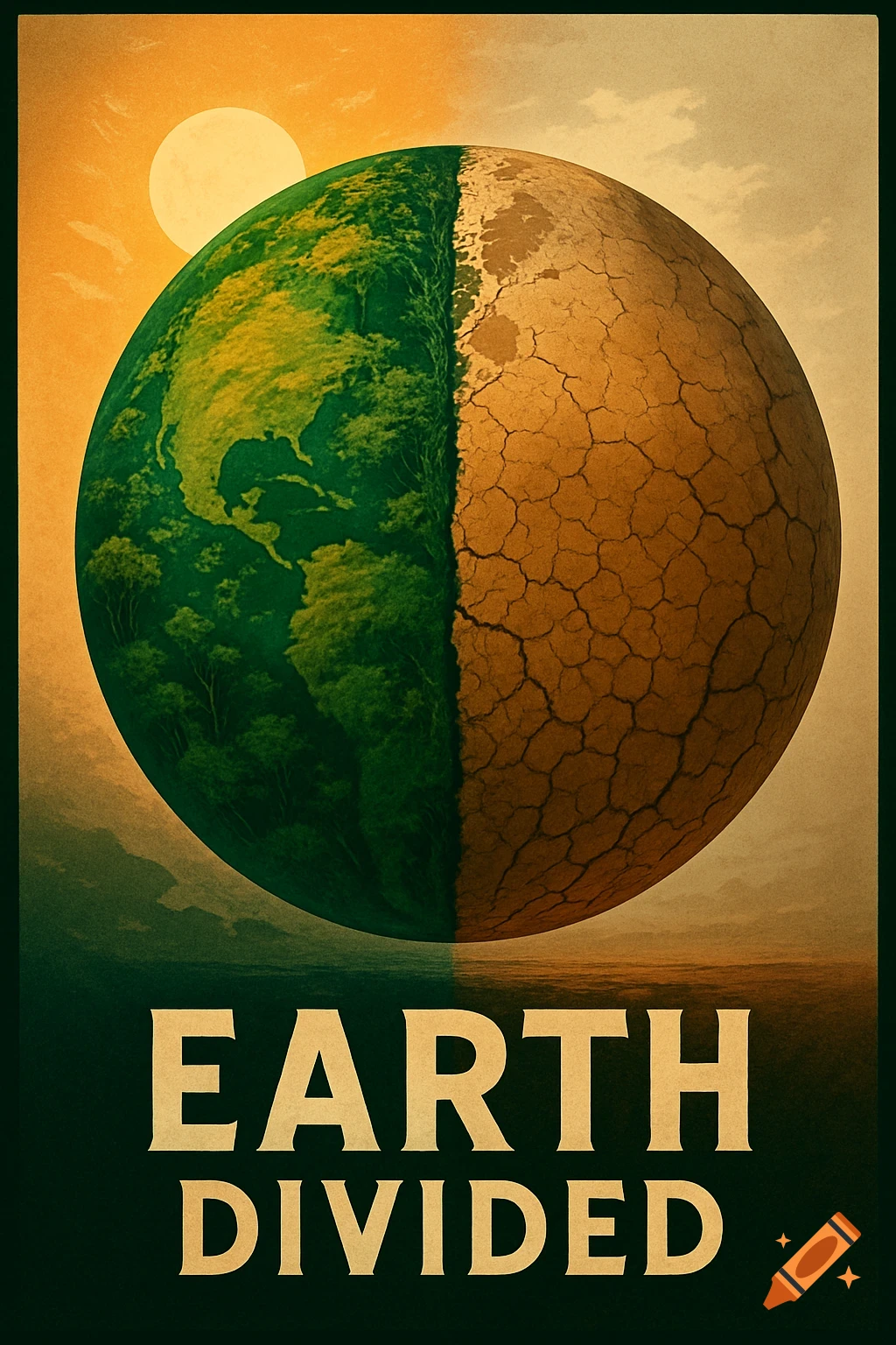 A stylized poster showing planet Earth divided into a lush green half and a dry, cracked half, under a setting sun. Text reads 'EARTH DIVIDED'.