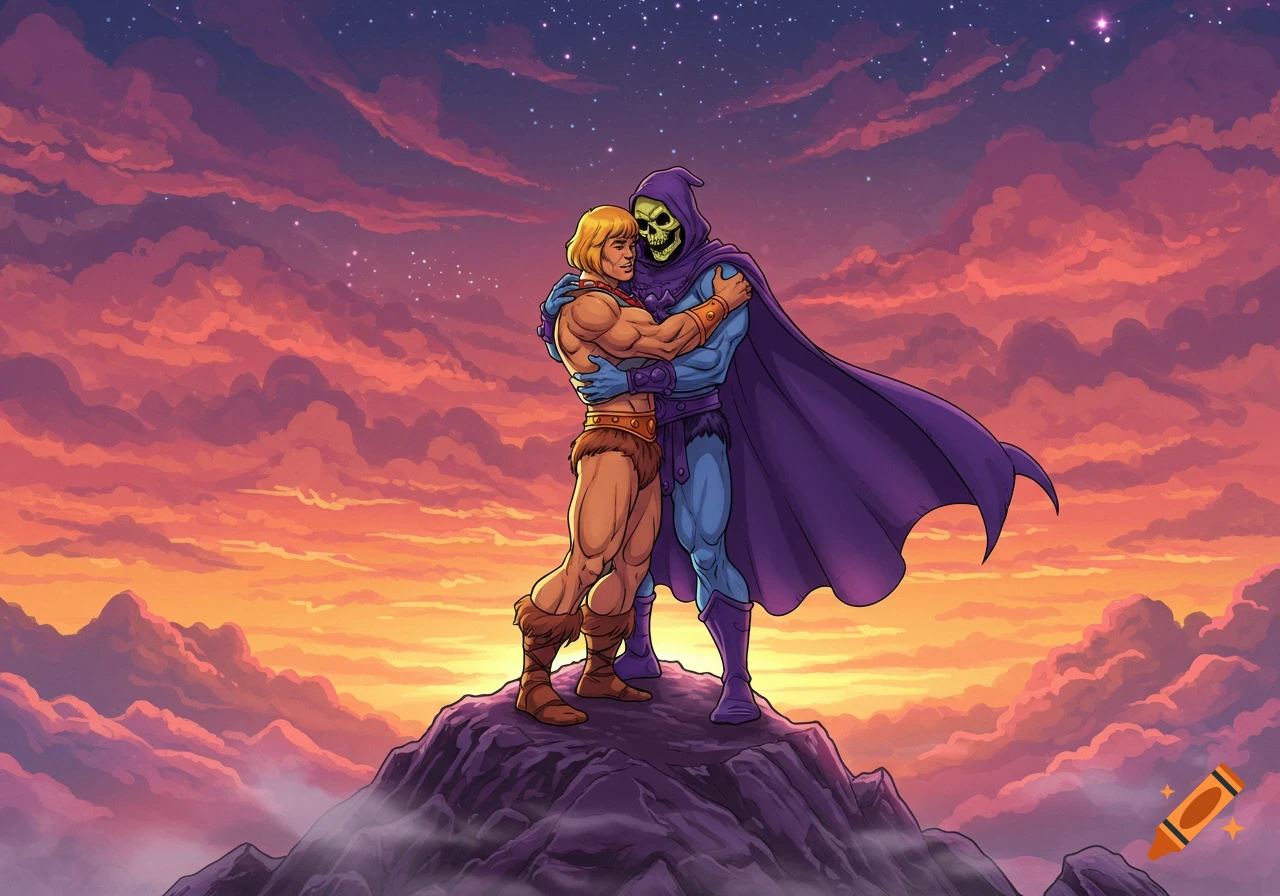 He-Man and Skeletor hug on a mountain peak at sunset with a purple and orange sky, cartoon illustration.