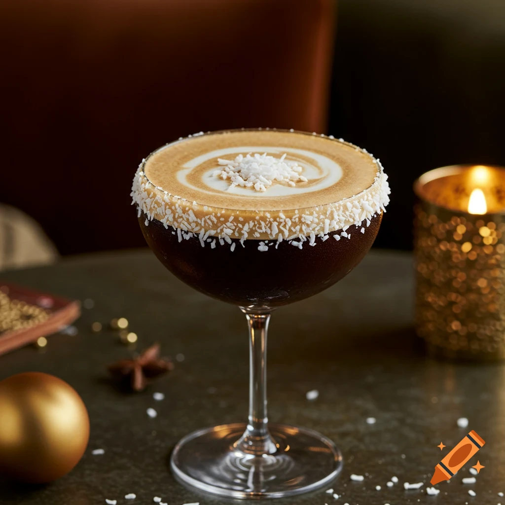 Photorealistic dark espresso cocktail in a coupe glass with creamy foam, coconut flakes, warm lighting, and a golden ornament.