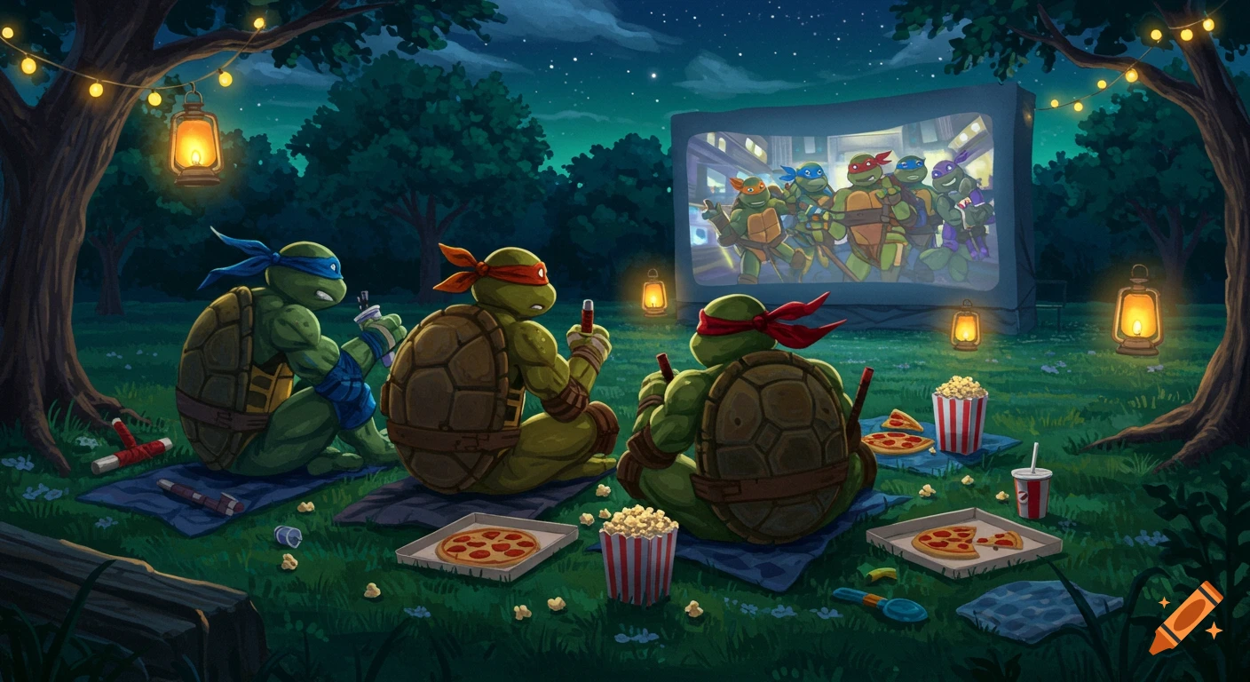 Four Teenage Mutant Ninja Turtles sit outdoors at night, watching a movie of themselves on a screen, surrounded by pizza and popcorn.