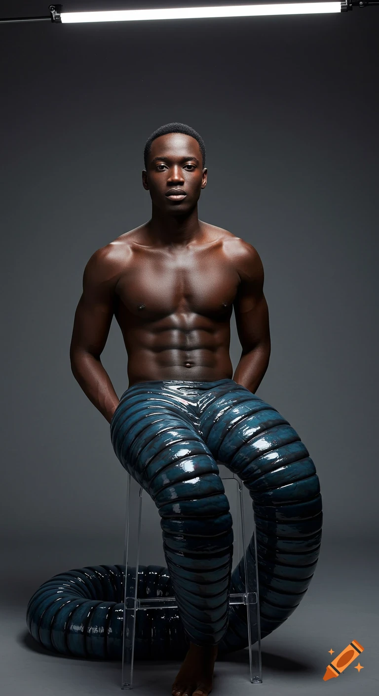 A photorealistic portrait of a shirtless Black man with a shiny, segmented blue-green worm tail for his lower body, sitting on a clear stool.