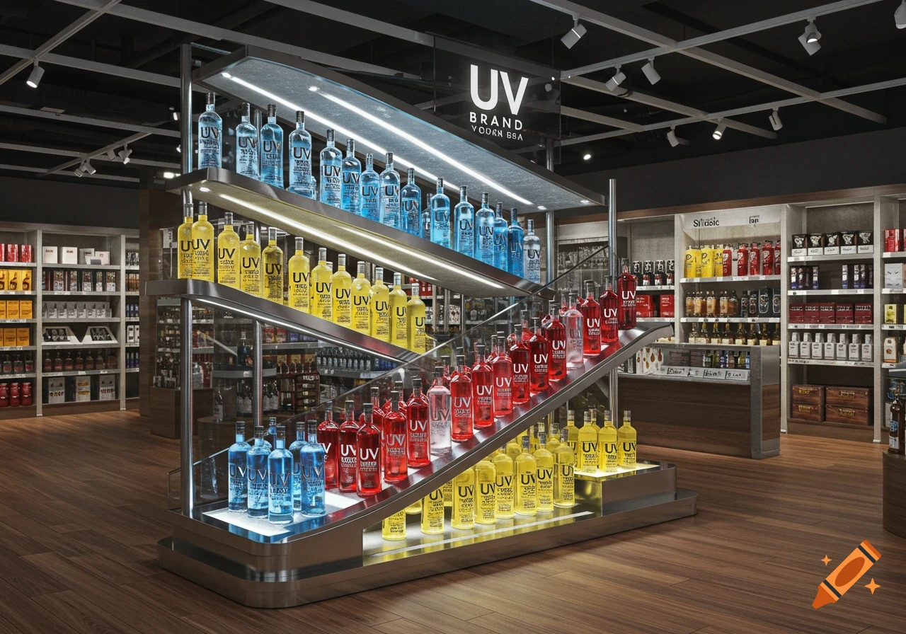 Photorealistic view of a liquor store featuring a large, multi-tiered display of blue, red, and yellow UV vodka bottles.