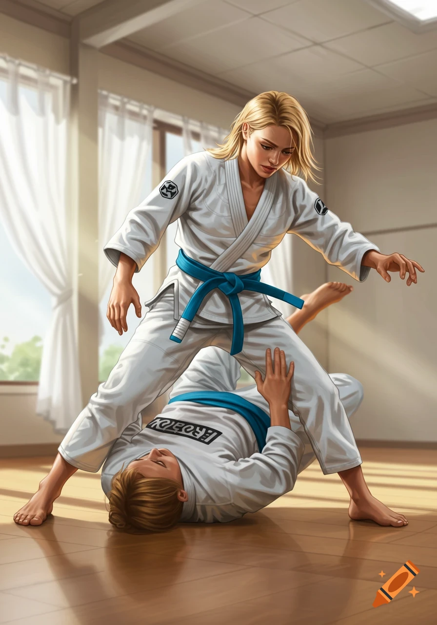 Two blonde women in white gis with blue belts grappling on a wooden mat in a brightly lit dojo, digital art.