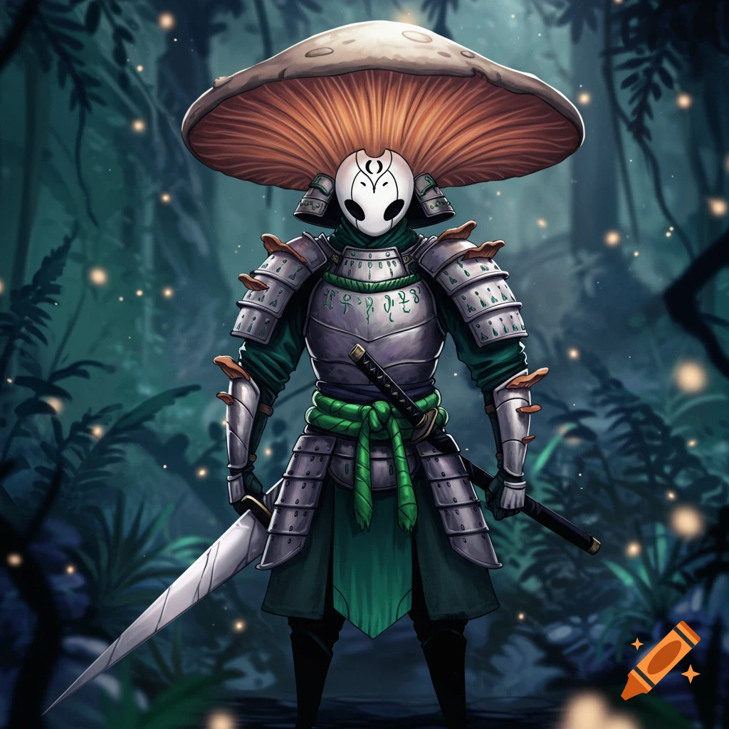 A stylized mushroom-headed samurai character in full armor, holding a katana, standing in a dark, glowing forest.