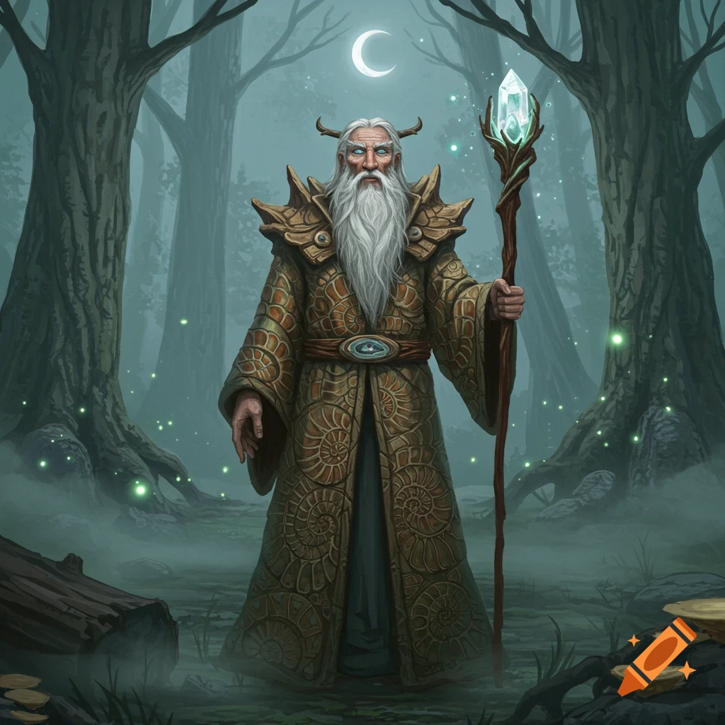 An old wizard with a long white beard, horns, and fossil-patterned robes stands in a misty forest under a crescent moon, holding a crystal-topped staff.