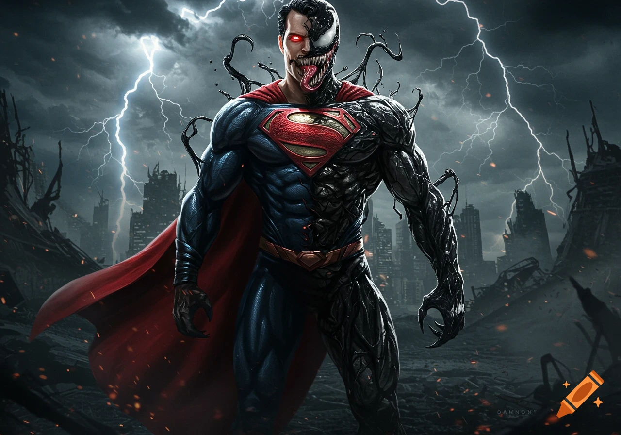 A powerful Superman-Venom hybrid stands in a destroyed city under a stormy, lightning-filled sky.