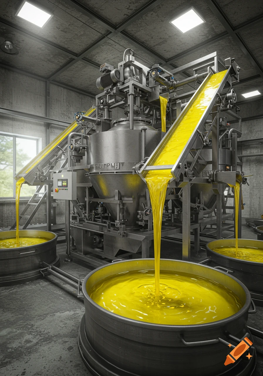 Photorealistic image of industrial machinery pouring bright yellow liquid into large metal vats inside a factory.
