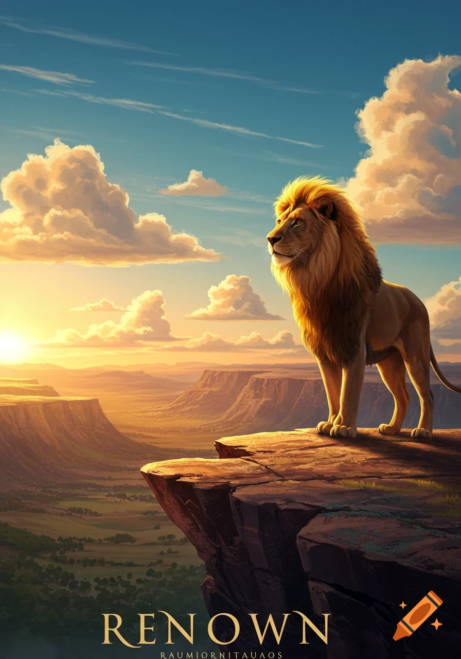 A majestic lion stands on a rocky cliff overlooking a vast valley at sunset, with golden light illuminating its mane. Below, the word "RENOWN" is displayed.