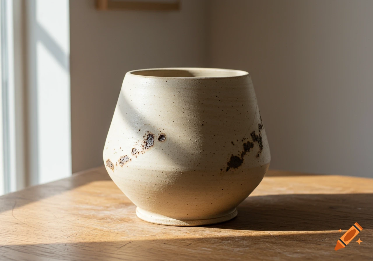 A cream-colored stoneware ceramic vase with dark lava spots sits on a wooden table, partially illuminated by window light.