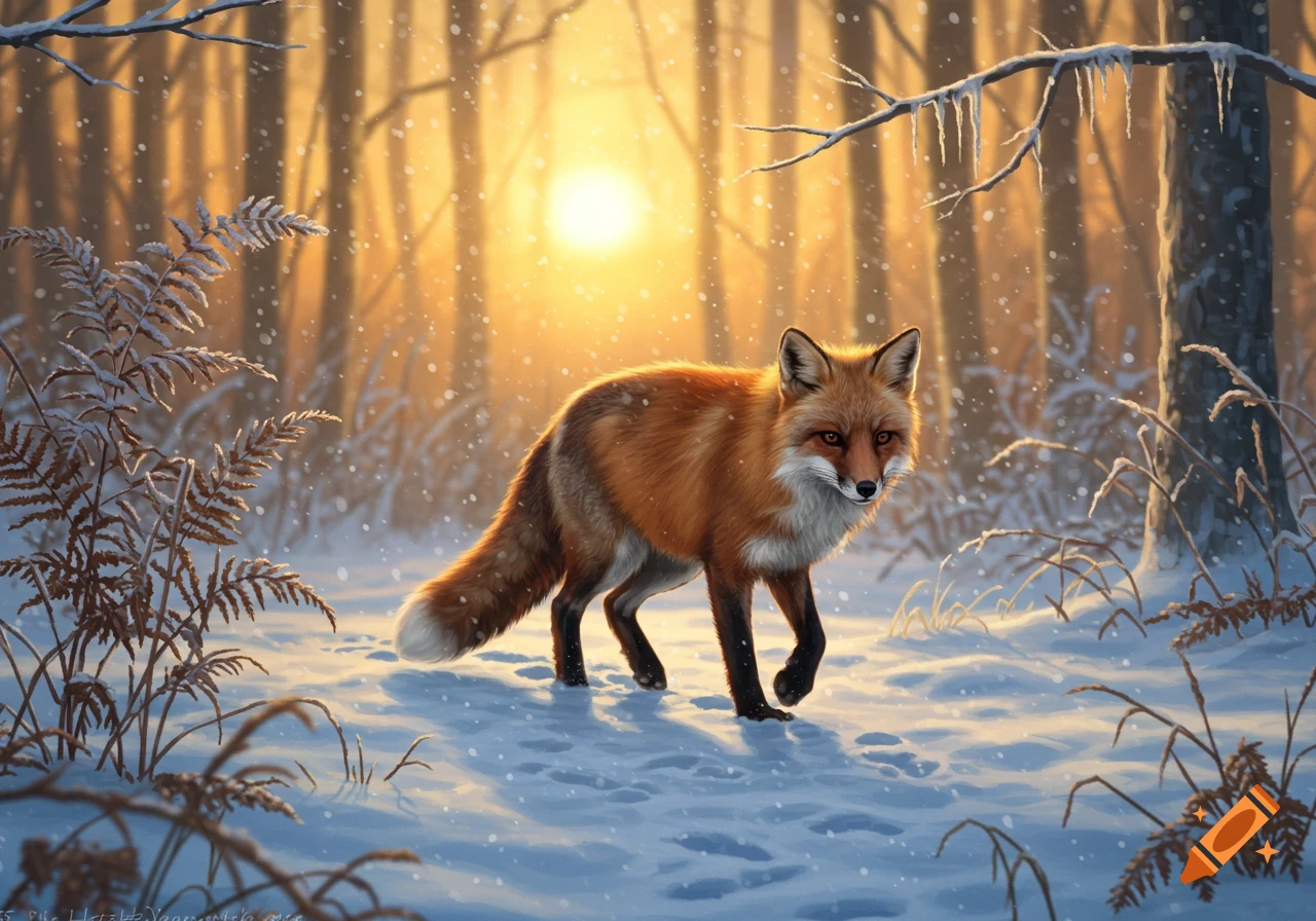 A red fox walks through a snowy forest at sunset, with golden light filtering through the trees and snow falling.