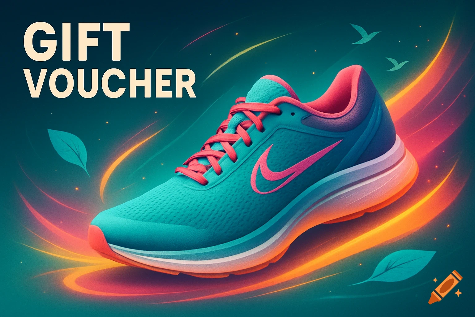 Vibrant graphic design of a turquoise and pink running shoe with 'GIFT VOUCHER' text, dynamic streaks of light, and stylized leaves.