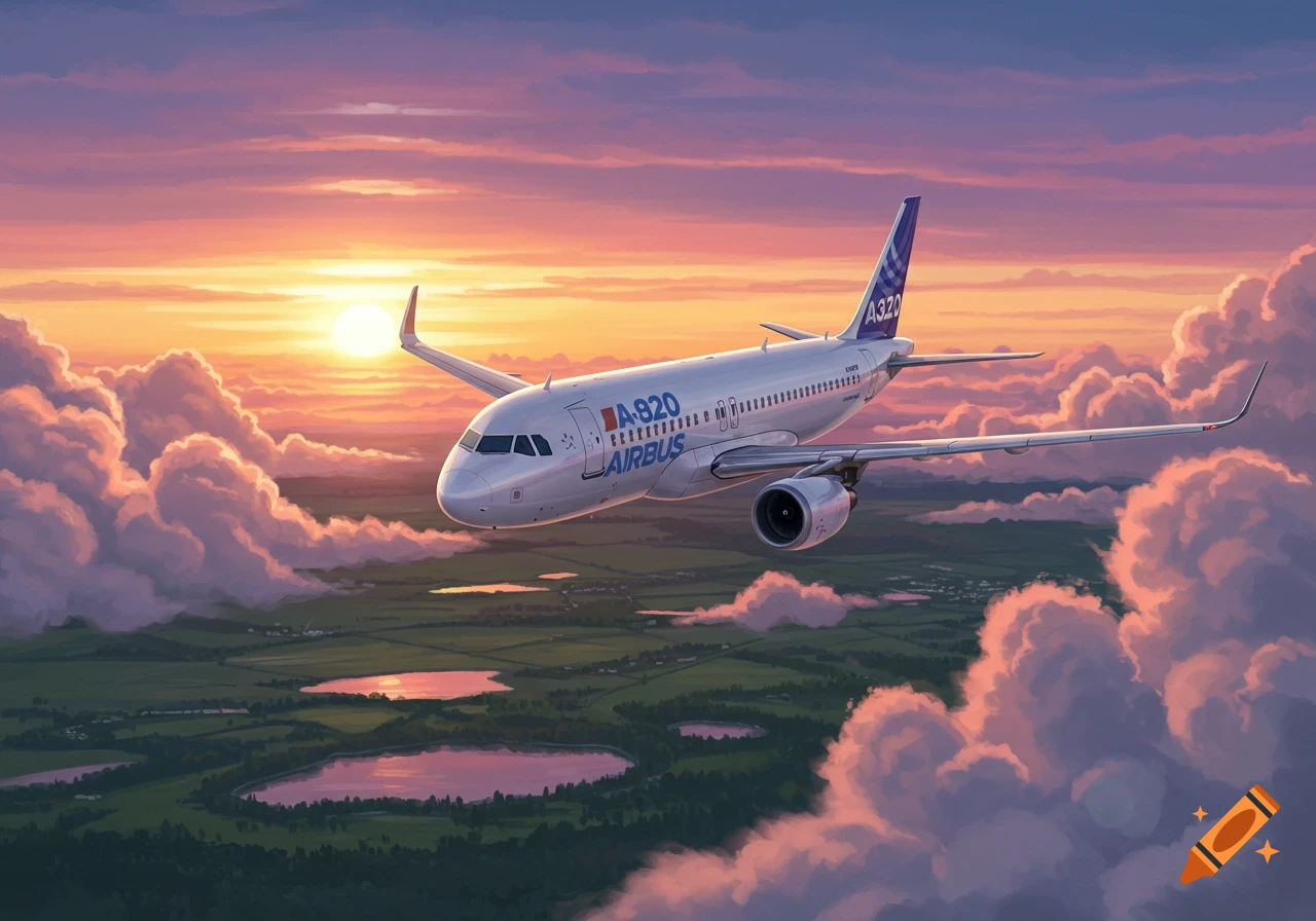White Airbus A320 airplane flying over a green landscape with lakes at sunset, surrounded by colorful clouds. Digital painting.