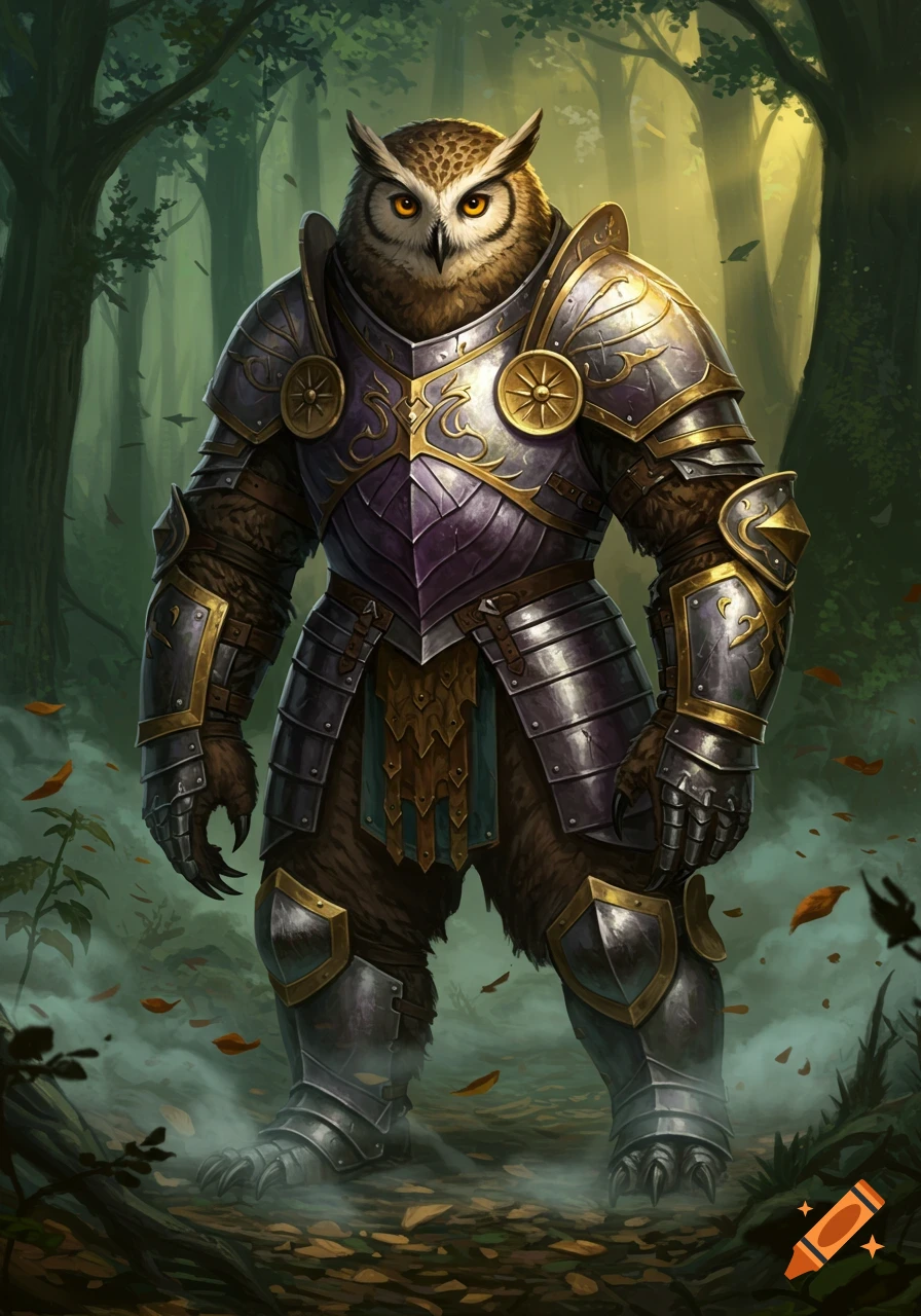 An armored Owlbear stands in a misty forest, looking forward.