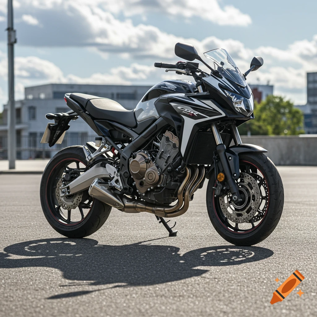 A black and white Honda CBR650F motorcycle with red wheel accents parked on asphalt under a partly cloudy sky.