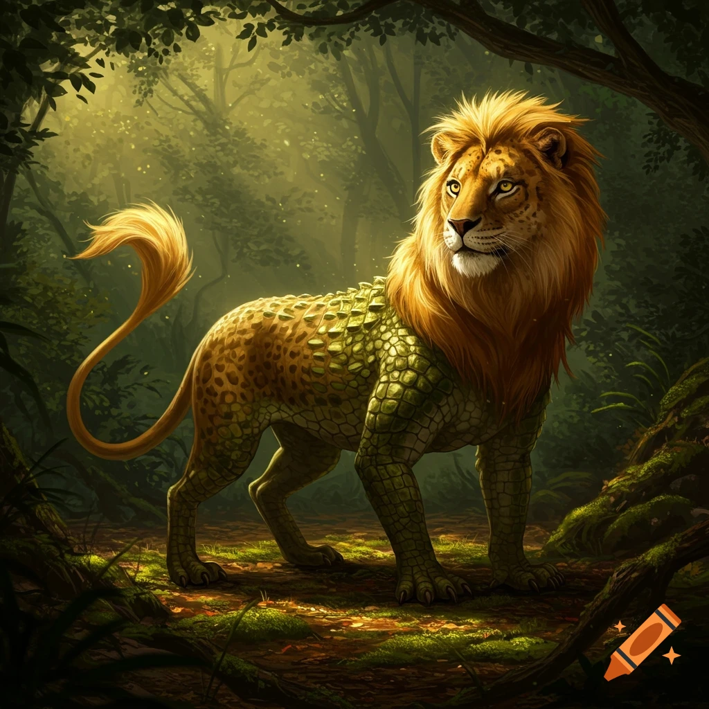 A mythical creature with a lion's head and mane, a leopard-spotted body, and crocodile-scaled legs stands in a lush, sunlit forest.