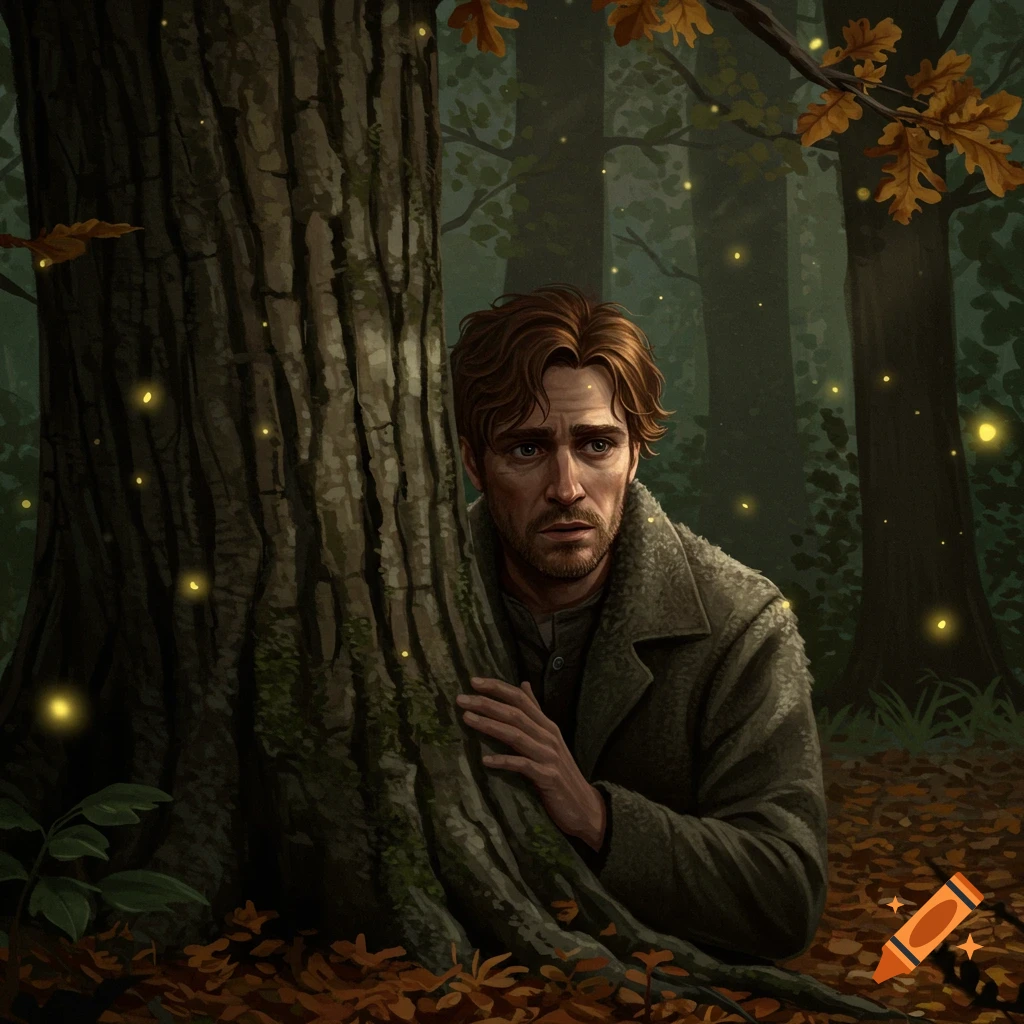 An illustrated man with reddish-brown hair peeking from behind a tree in a dark forest with glowing lights and autumn leaves.