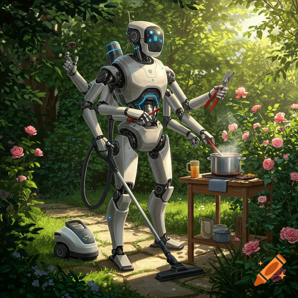 A multi-armed domestic robot simultaneously vacuums, prunes roses, and cooks in a sunny, lush garden.