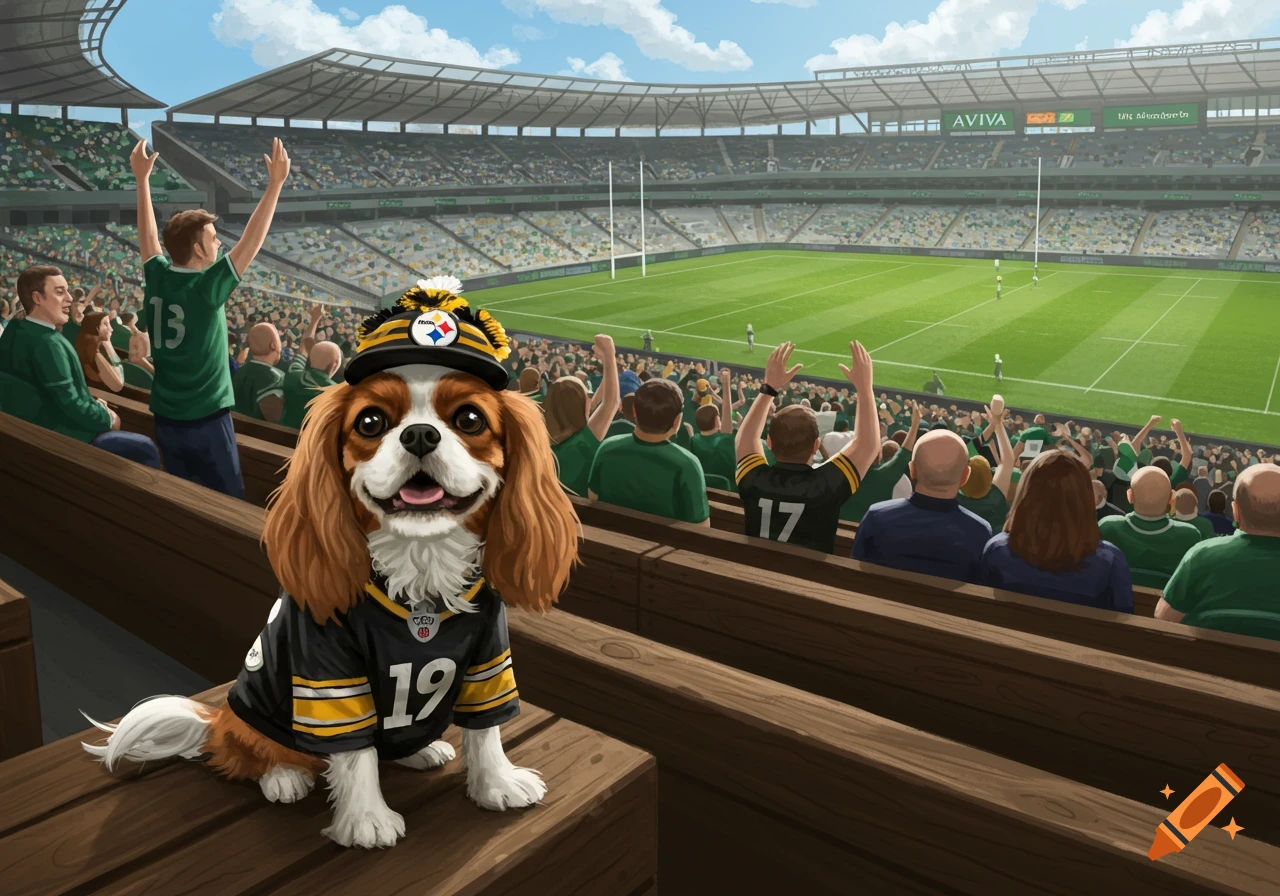 A cute Cavalier King Charles Spaniel in a Steelers jersey and hat sits on a stadium bench, with a cheering crowd and a football field in the background, illustrated digitally.