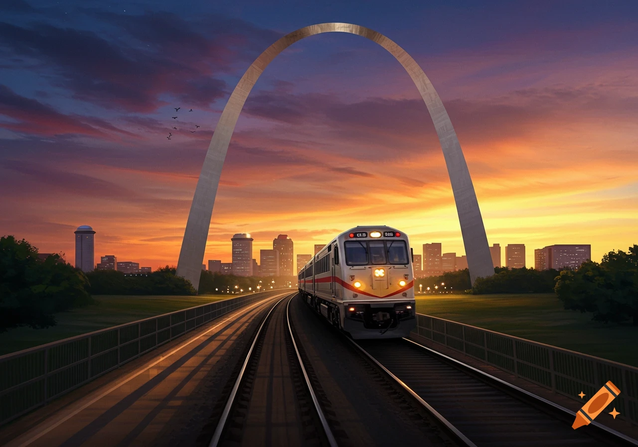 A train on tracks heading towards the Gateway Arch in St. Louis at sunset, with a city skyline in the background, photorealistic.