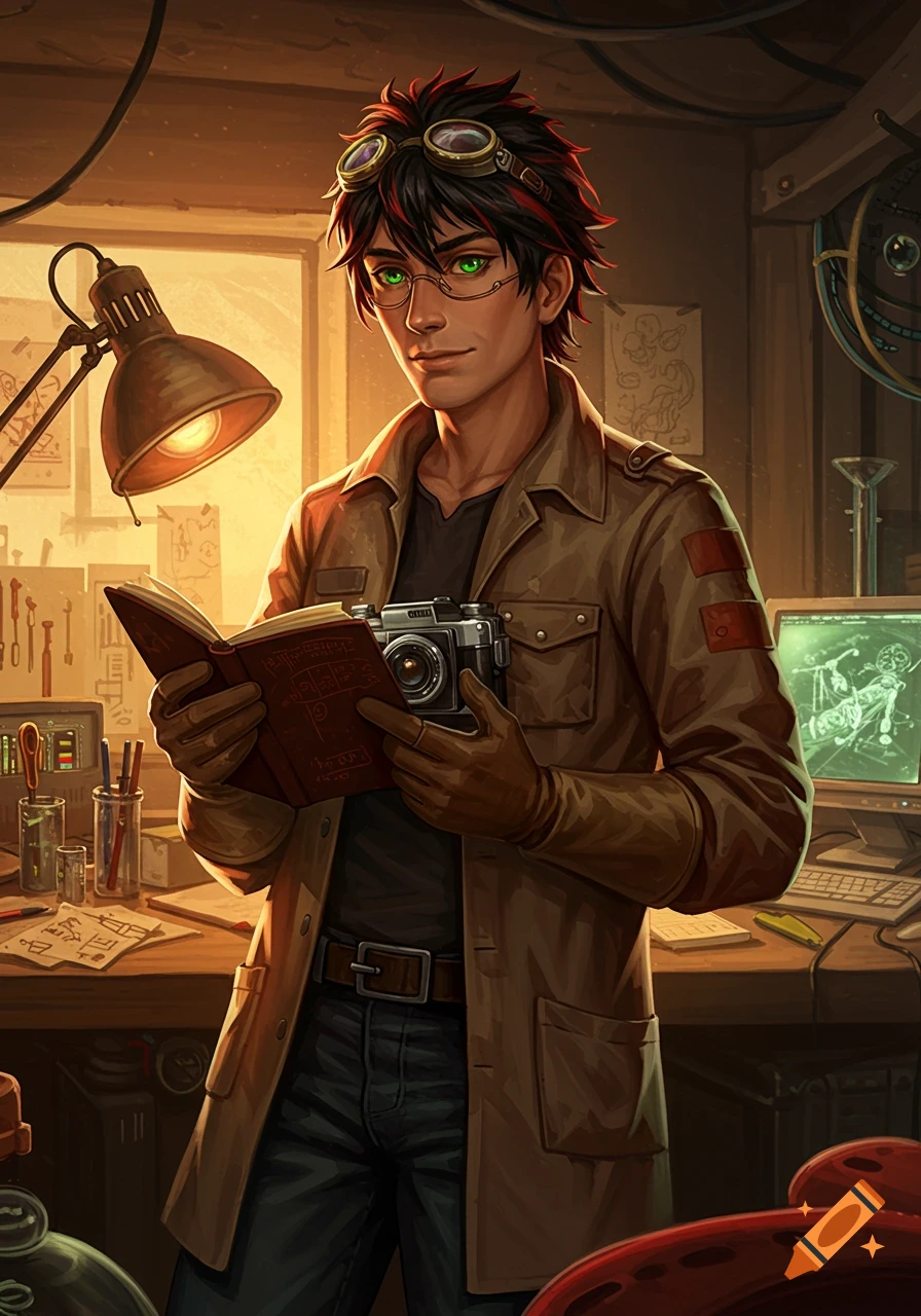 Young man with green eyes, goggles, and a brown jacket holds a book and camera in a steampunk-style inventor's workshop.