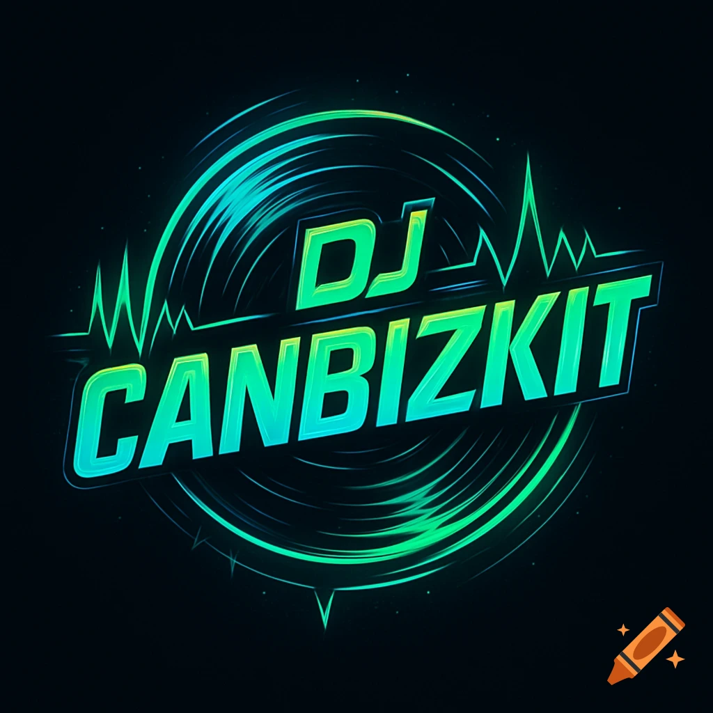 A neon green and blue gradient logo for DJ CANBIZKIT with circular sound waves and a vinyl record motif on a dark background.
