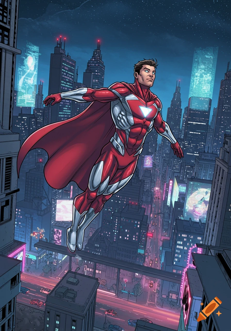 A muscular superhero in a red and silver suit and cape flies over a futuristic city at night, in a comic book art style.