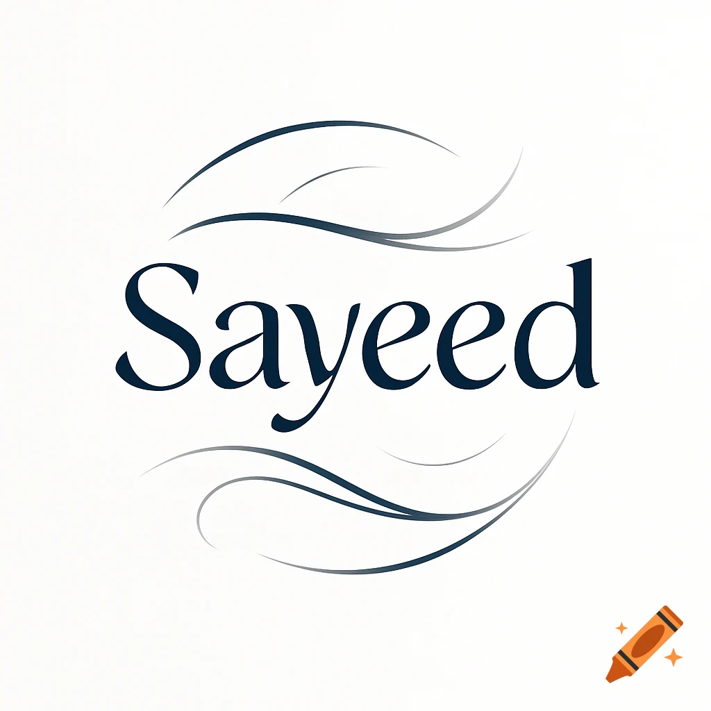 Elegant dark blue logo with the name 'Sayeed' in a script font, surrounded by swirling lines on a white background.