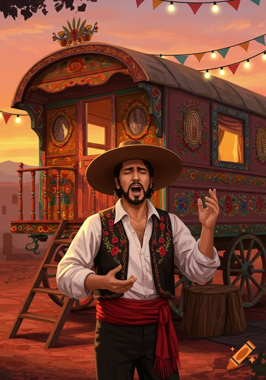 A man in a sombrero and embroidered vest sings in front of a colorful gypsy caravan at sunset in a detailed illustration.