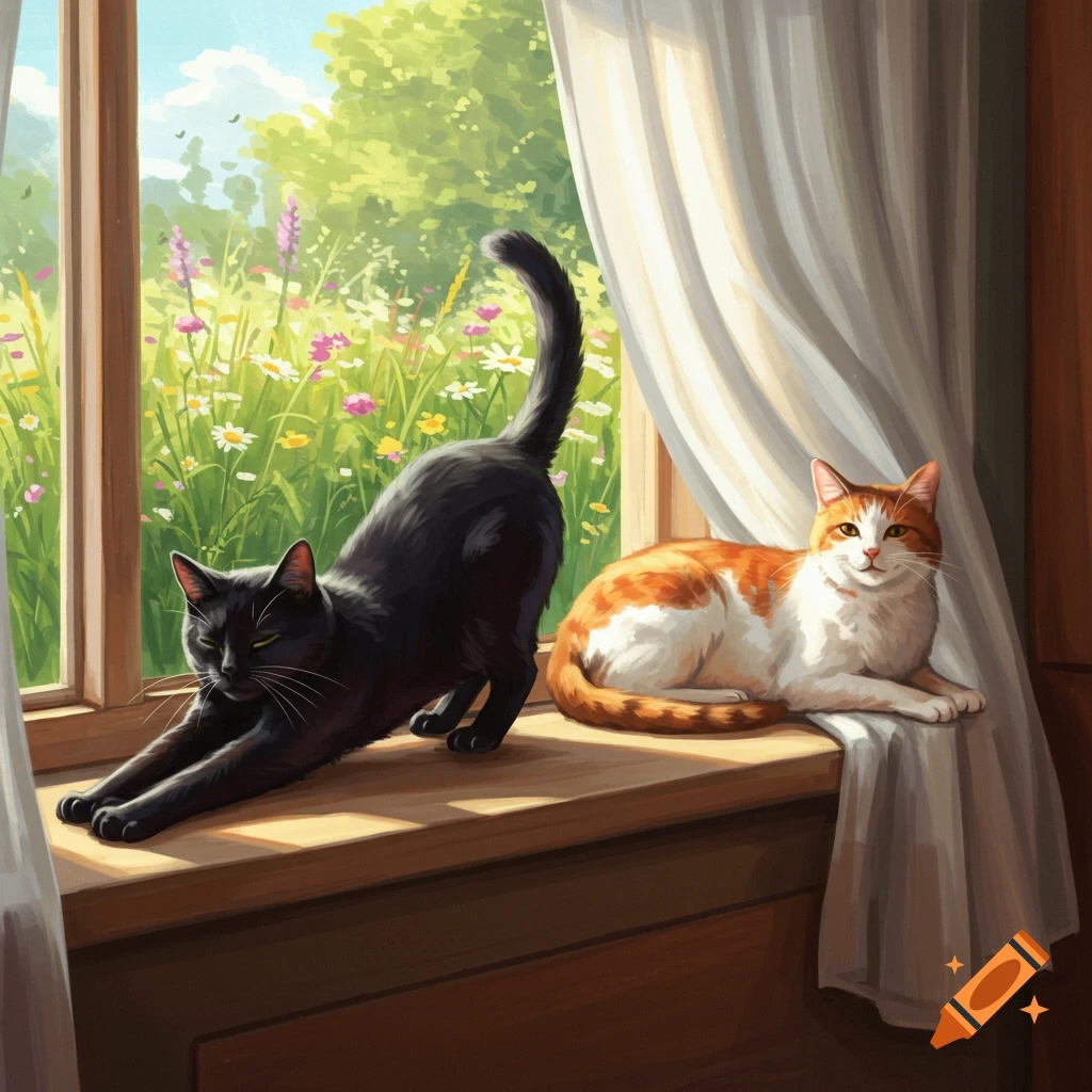 A black cat stretches on a sunlit windowsill next to an orange and white cat, overlooking a vibrant field of wildflowers in a painterly style.
