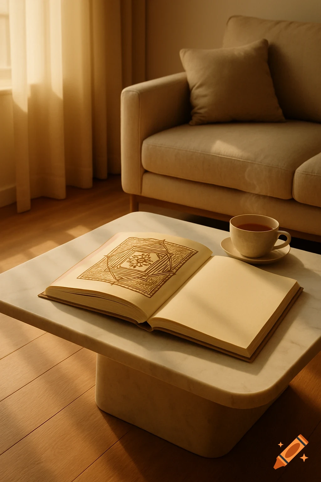 An open book with a geometric pattern, and a cup of tea on a marble coffee table in a minimalist, sunlit living room.
