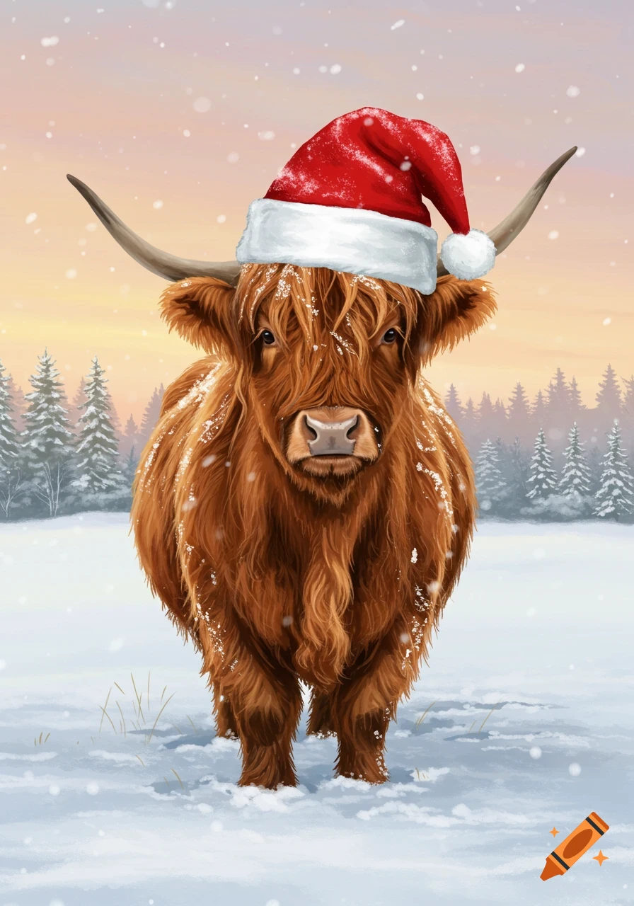 A shaggy brown Highland cow wearing a red Santa hat stands in a snowy forest at sunset.