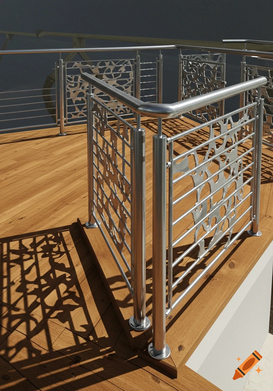 Photorealistic image of a modern stainless steel railing with decorative panels on a wooden deck, casting shadows.