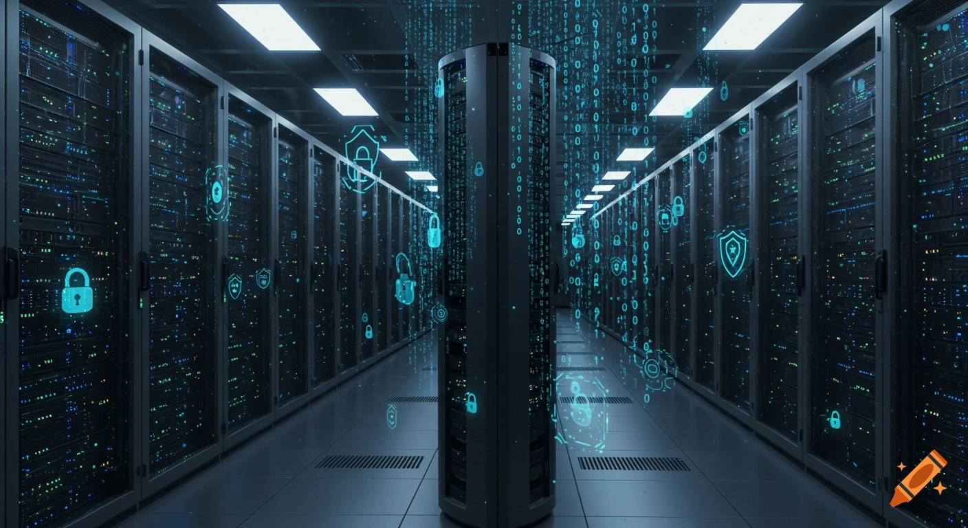 A long server room with glowing blue racks and a central column, bathed in digital binary code and cybersecurity icons.