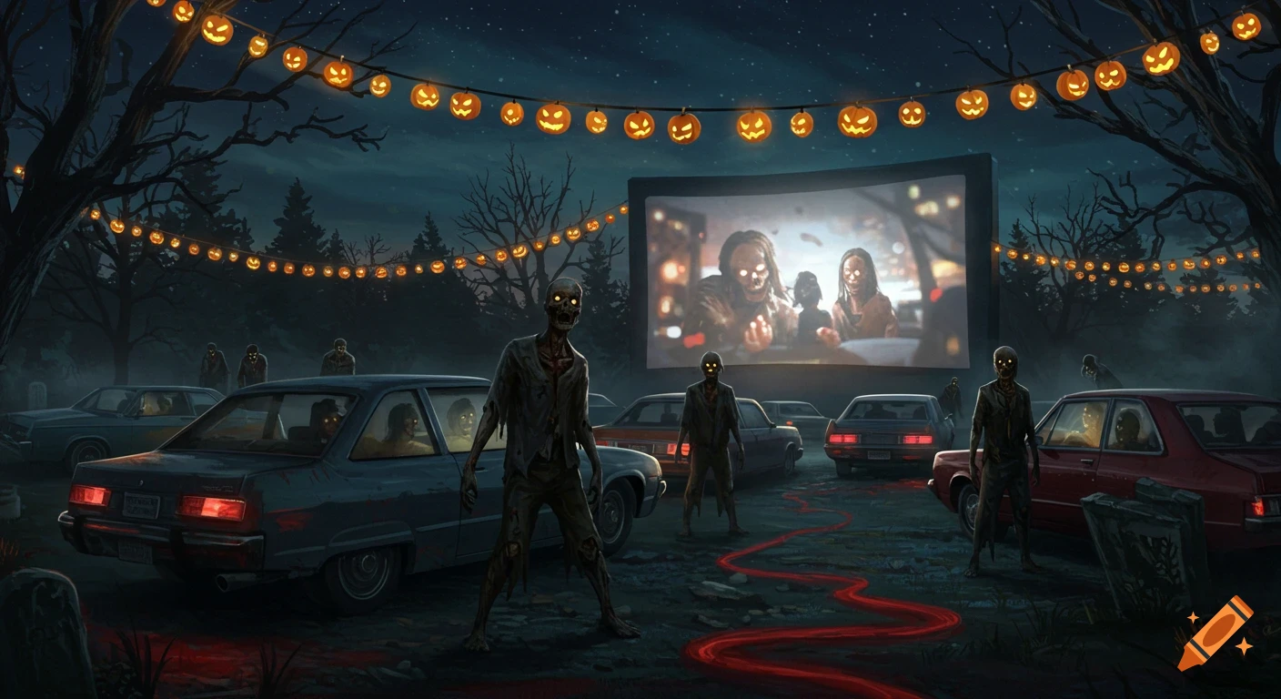 Zombies roam a spooky Halloween drive-in movie theater, watching a scary film under pumpkin string lights.