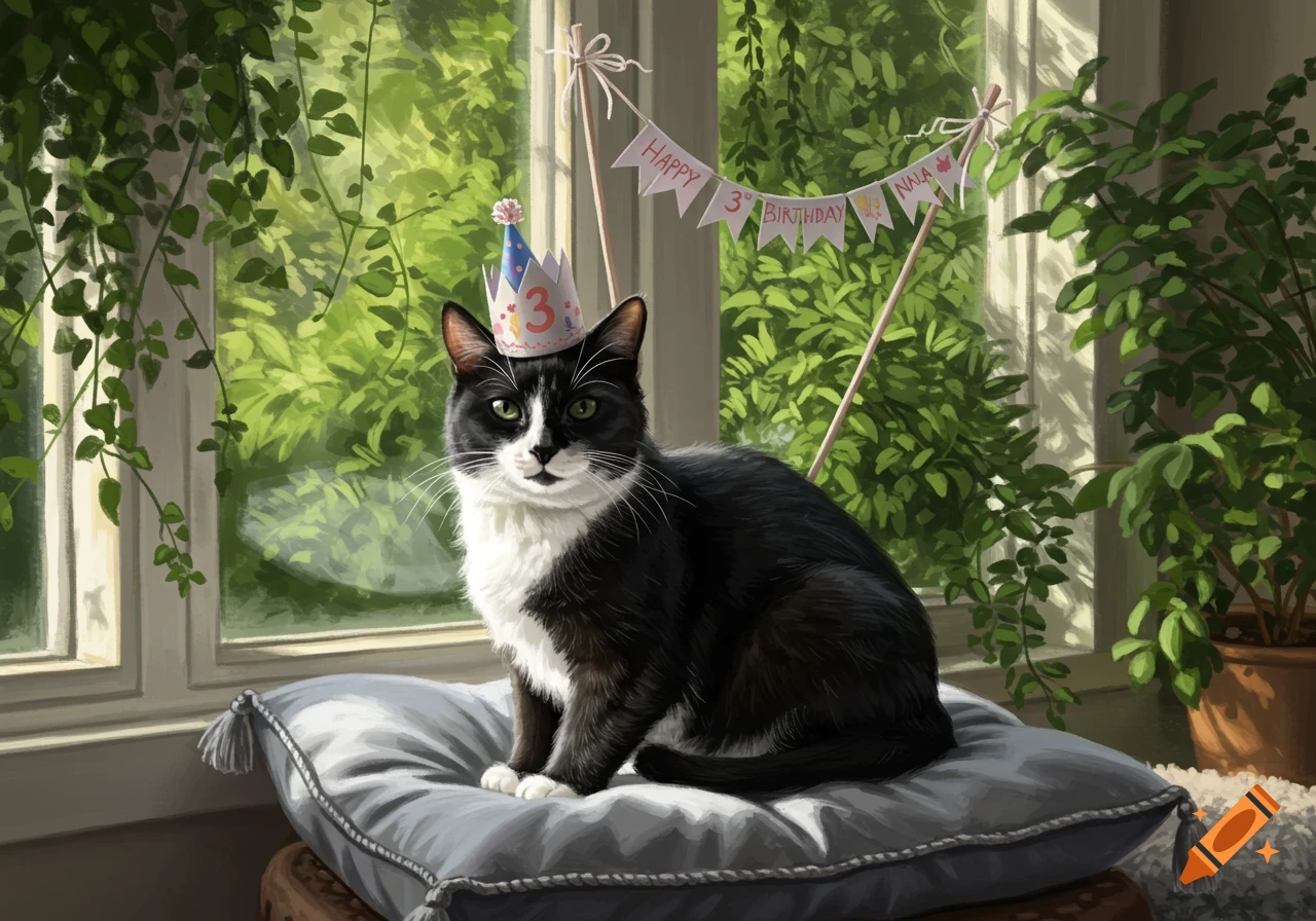 A black and white cat in a party hat with '3' sits on a pillow before a window with plants and a 'Happy 3rd Birthday Nala' banner. Detailed illustration.