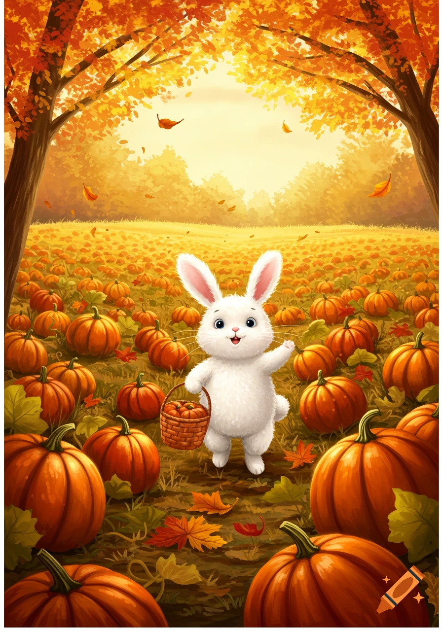 A cute white bunny holds a basket in a large pumpkin patch under colorful autumn trees. Cartoon illustration.